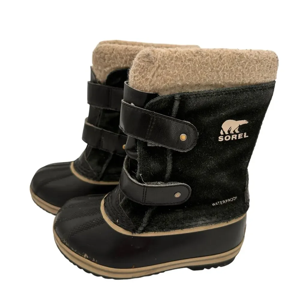 Sorel Youth Pac Strap Black Suede Waterproof Snow Boots Size 11